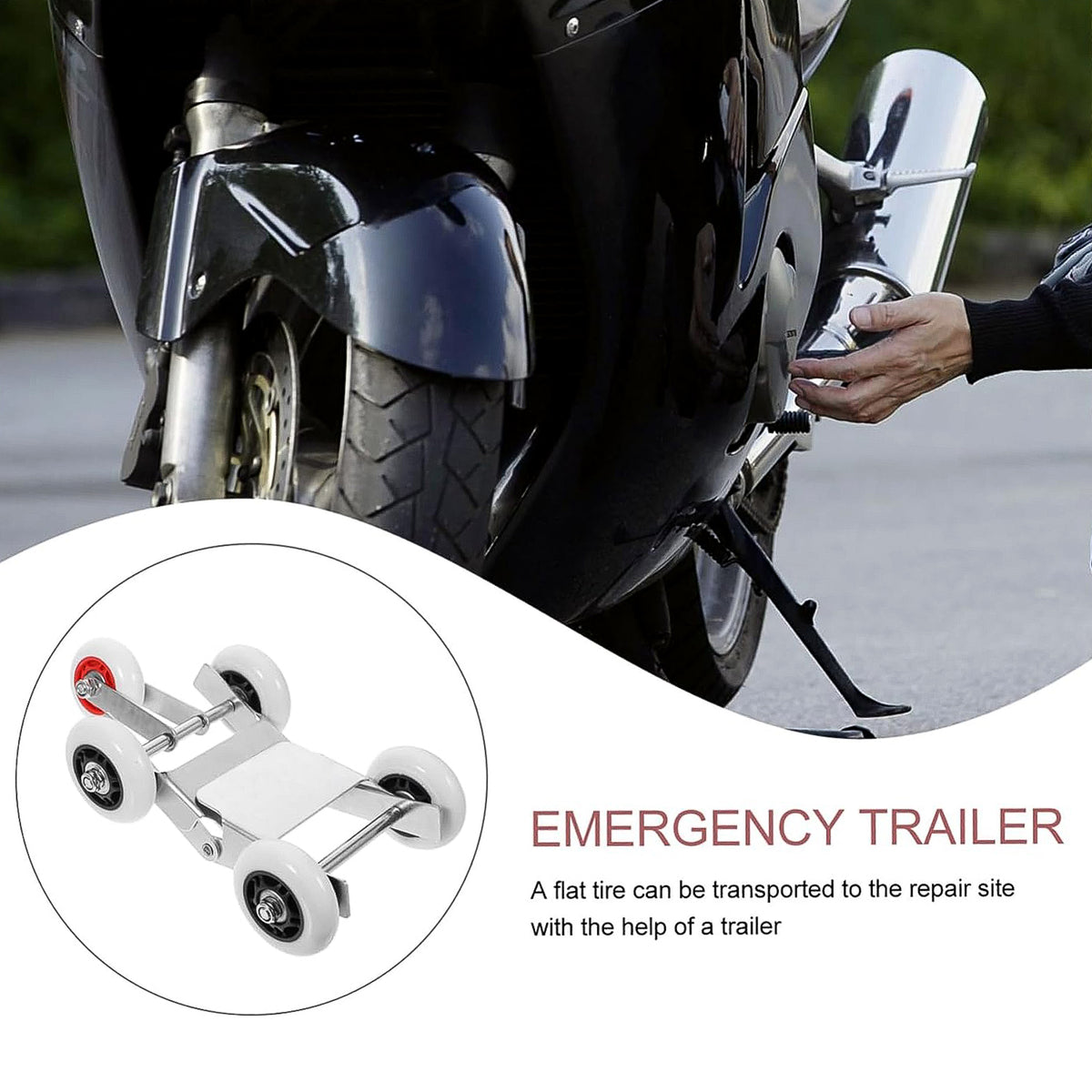 Metal motorcycle front wheel parking roller stand with four nylon wheels, view 3