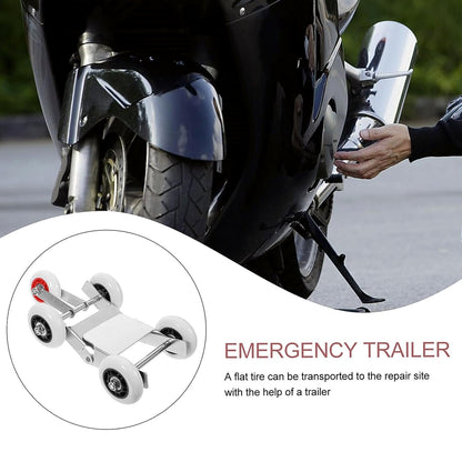 Metal motorcycle front wheel parking roller stand with four nylon wheels, view 3