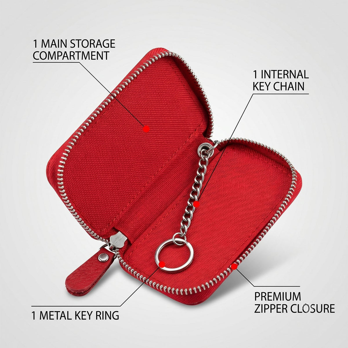 Red PU leather zip car key case with snap hook, view 5