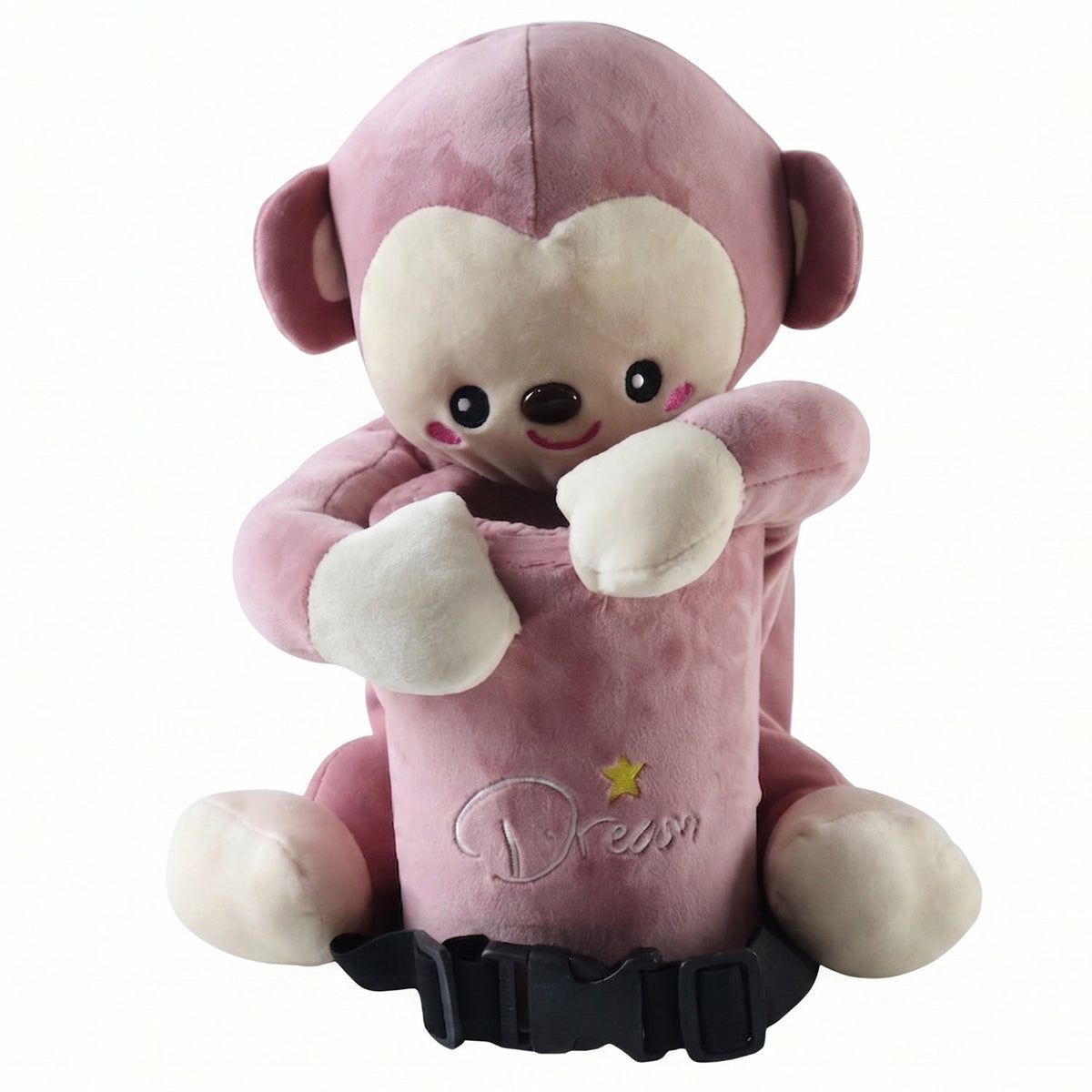 Pink plush monkey car dustbin and tissue holder strapped to a car seat, view 4