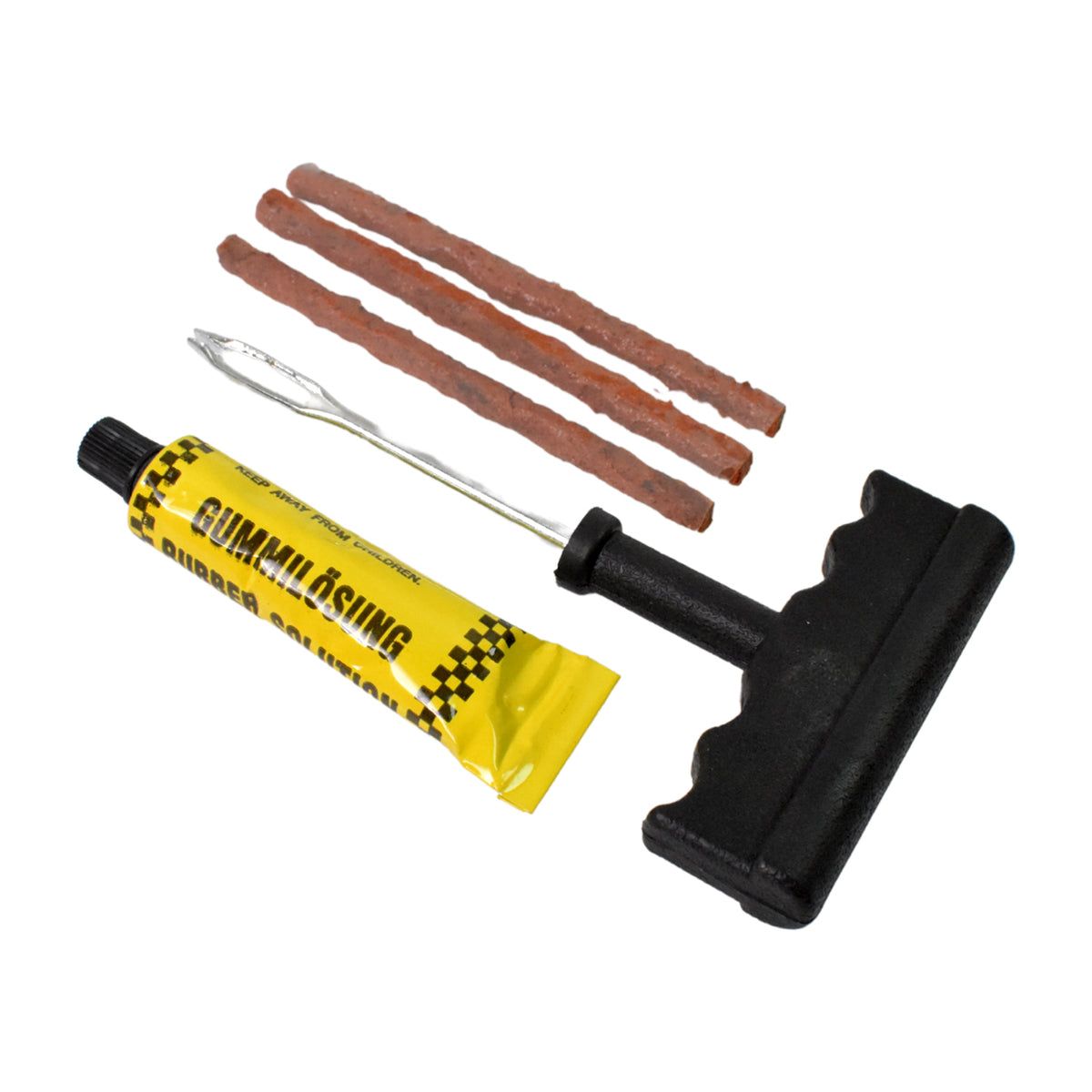 Tyre puncture repair kit with T-handle plugger, rubber solution and seal strips, view 3