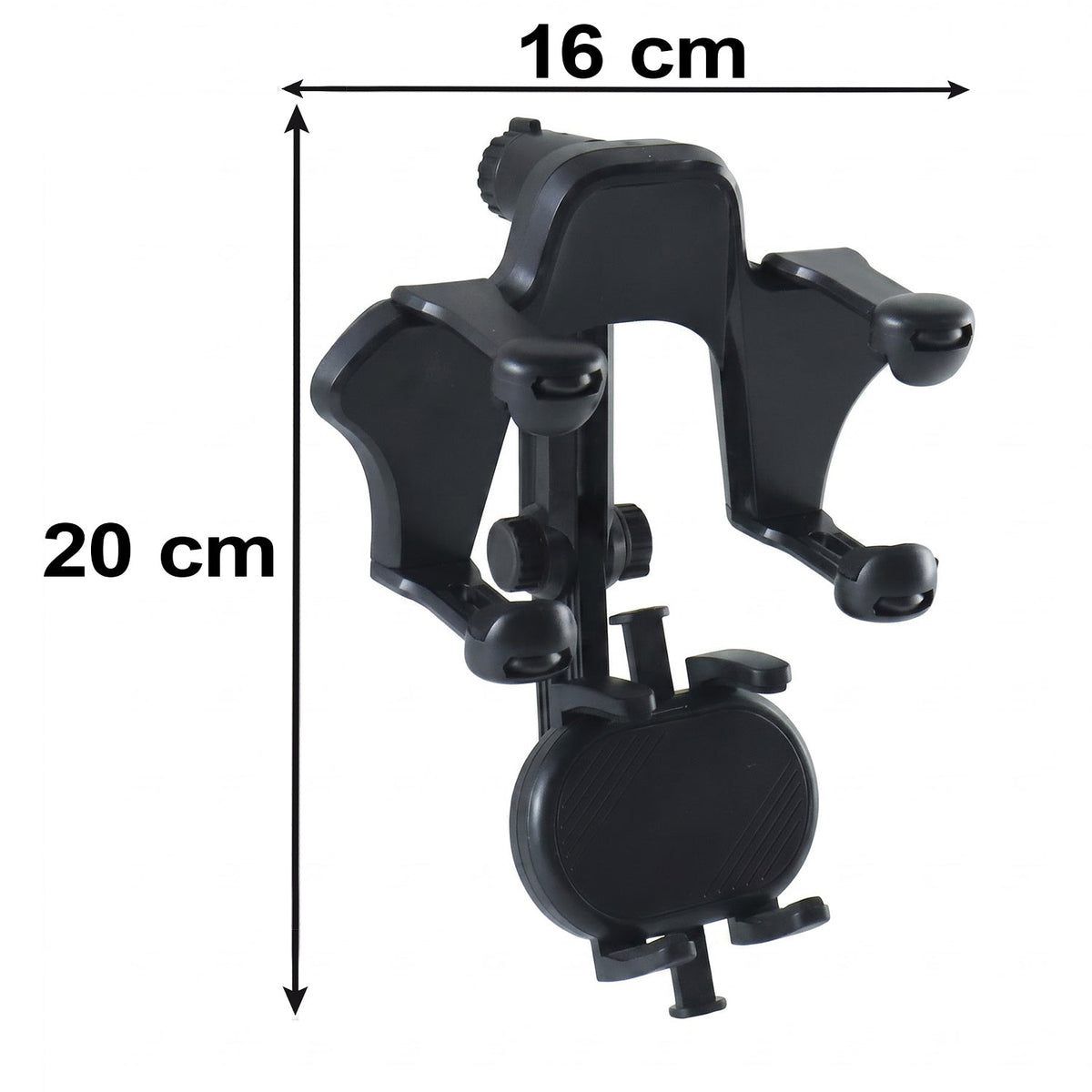 Car phone holder clamped to a rear view mirror holding a smartphone, view 5