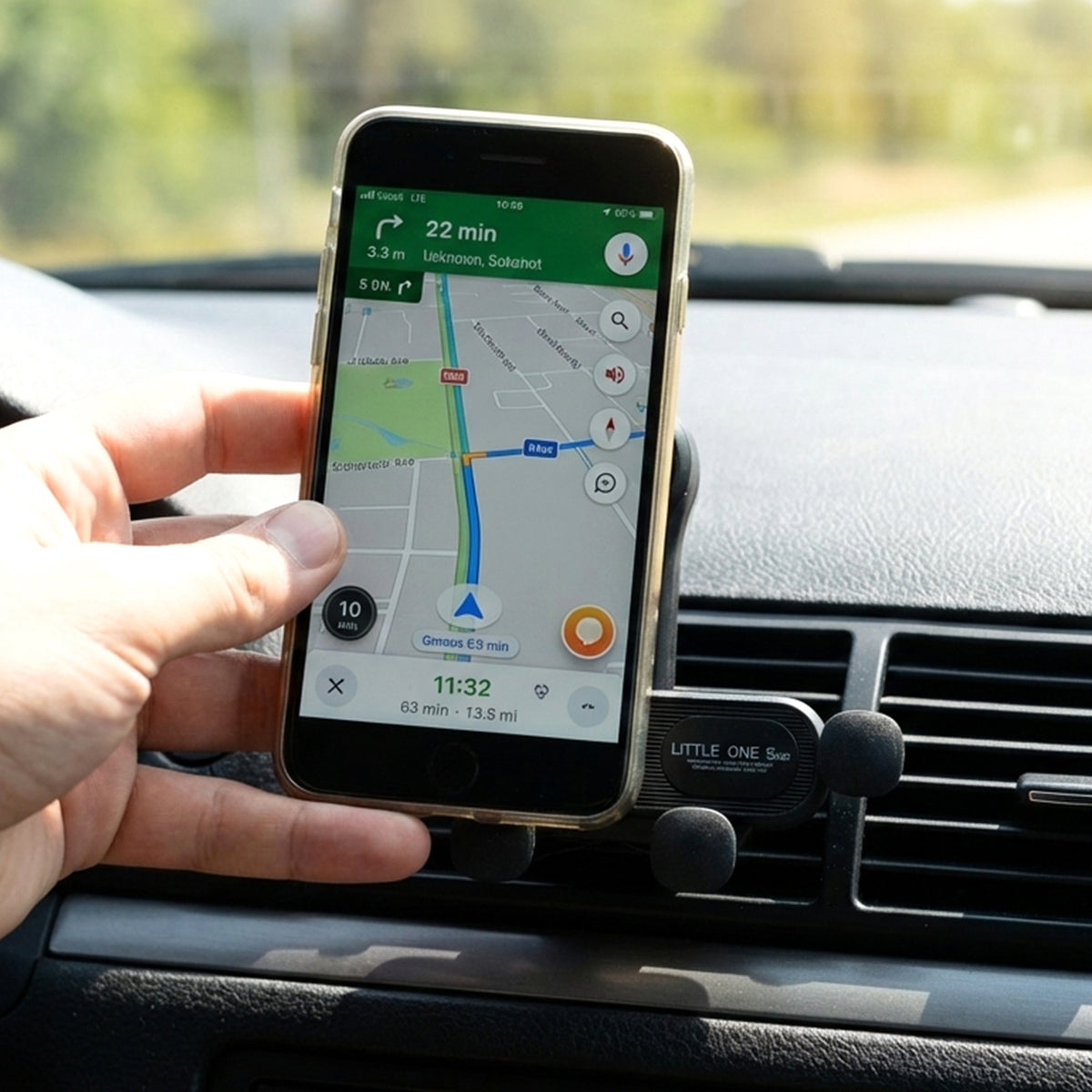 Car air vent phone holder with grip arms holding a smartphone, view 5