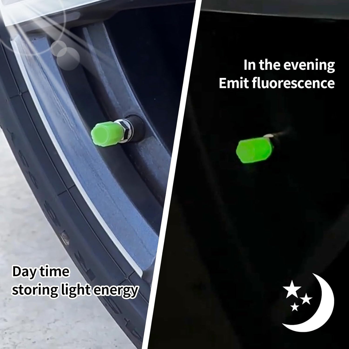 Set of four glow in the dark tyre valve caps, view 3
