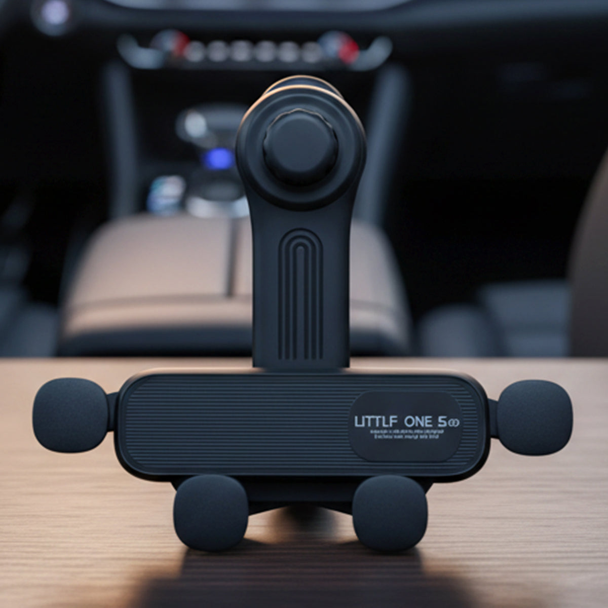 Car air vent phone holder with grip arms holding a smartphone, view 2