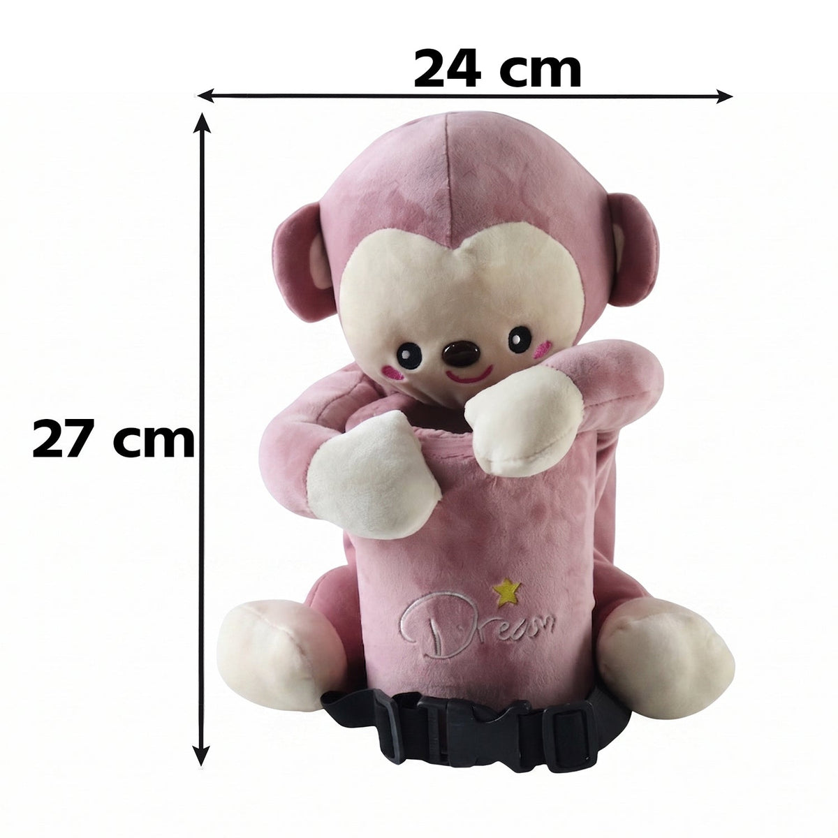 Pink plush monkey car dustbin and tissue holder strapped to a car seat, view 5