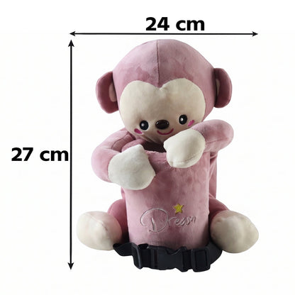 Pink plush monkey car dustbin and tissue holder strapped to a car seat, view 5