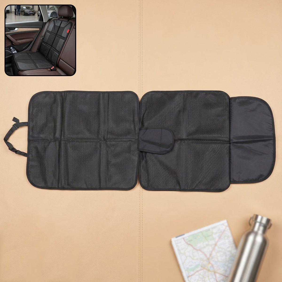 Black waterproof car seat protector mat under a child car seat, view 5