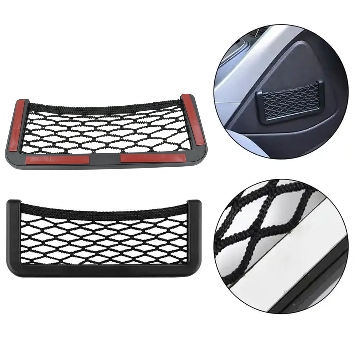Stick-on mesh storage pocket holding a phone on a car seat side, view 5