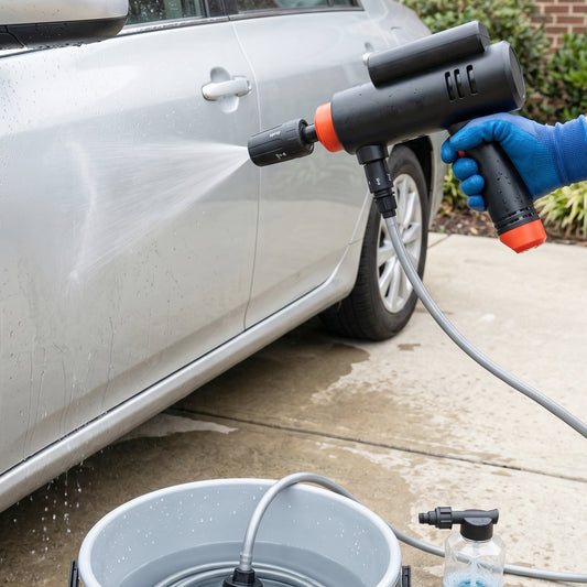 Cordless car washer kit with spray gun, foam bottle, hose and carry case