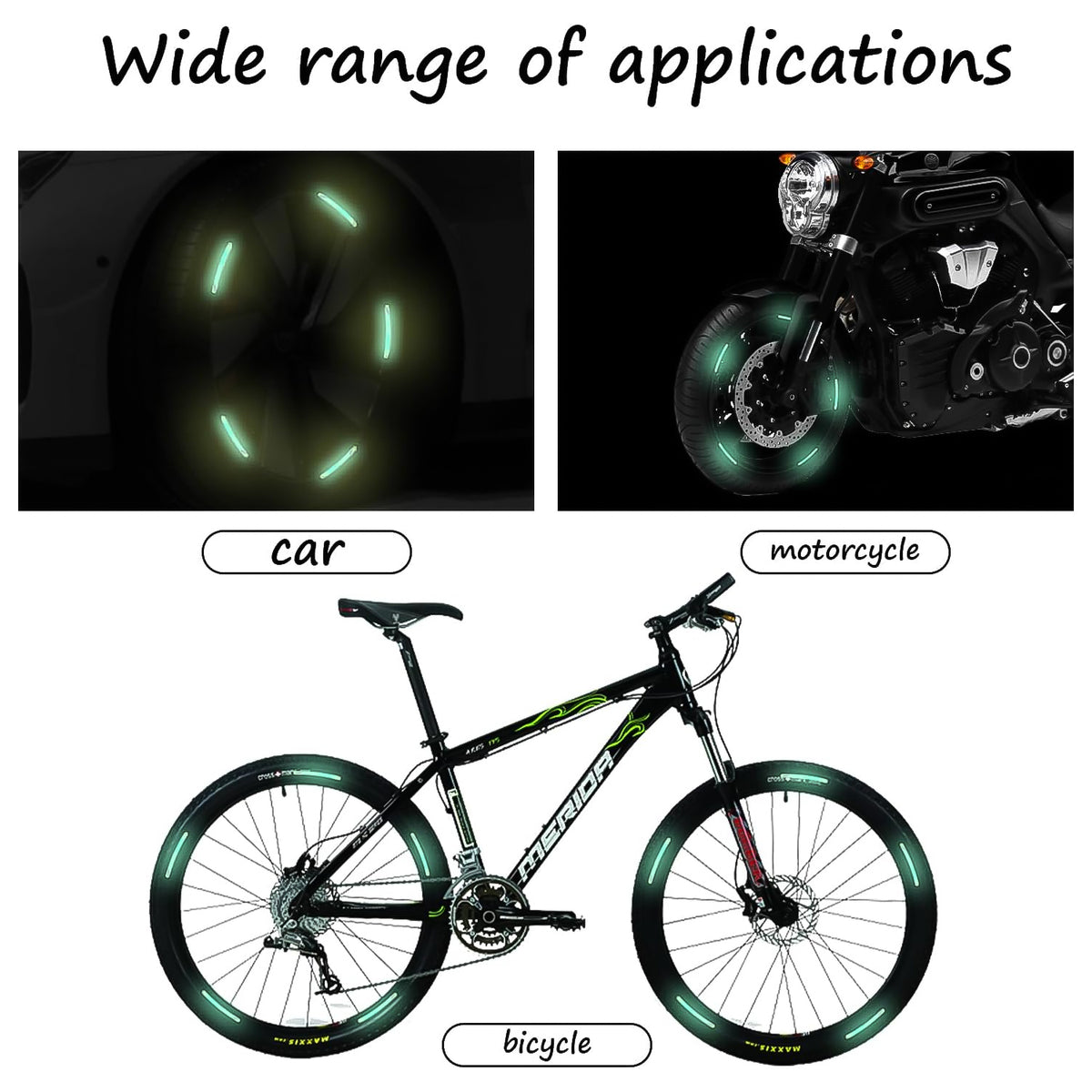 Set of colourful reflective wheel rim stickers for cars and bikes, view 4