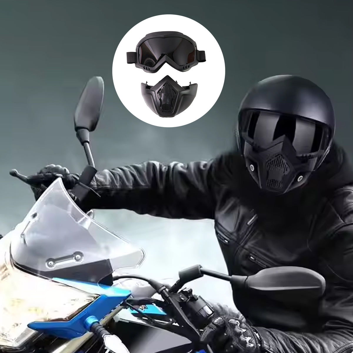 Motorcycle riding goggles with attached face mask and adjustable strap, view 3