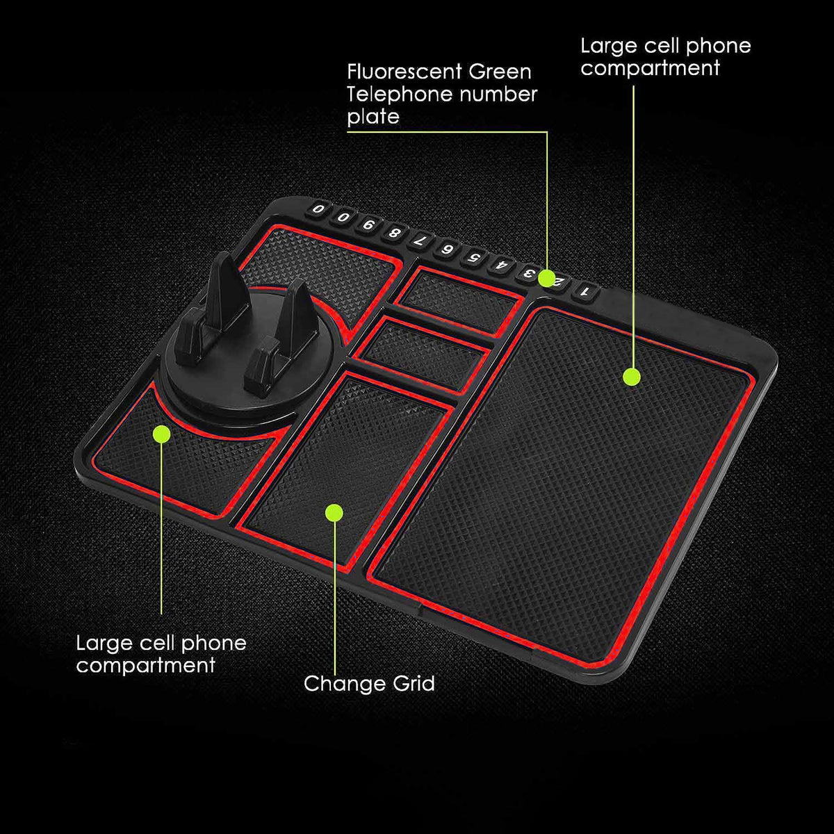 Non-slip silicone car dashboard pad holding a mobile phone upright, view 3