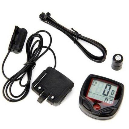Wired bicycle computer with display, handlebar mount, sensor and spoke magnet, view 5