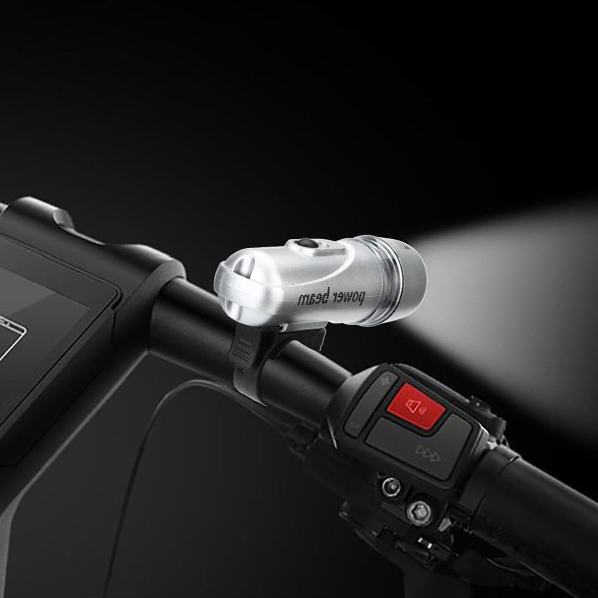 Compact LED bicycle headlight on an adjustable handlebar mount, view 4