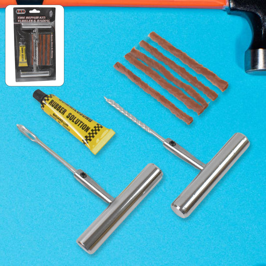 Tubeless tyre puncture repair kit with T-handle tools and rubber strips