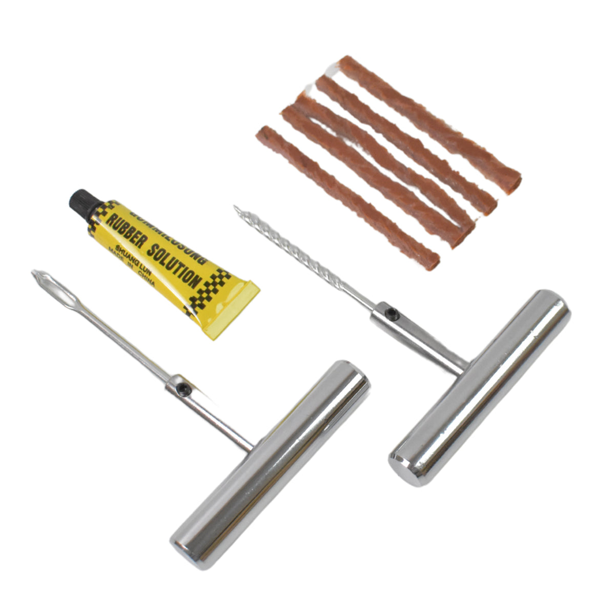 Tubeless tyre puncture repair kit with T-handle tools and rubber strips, view 3