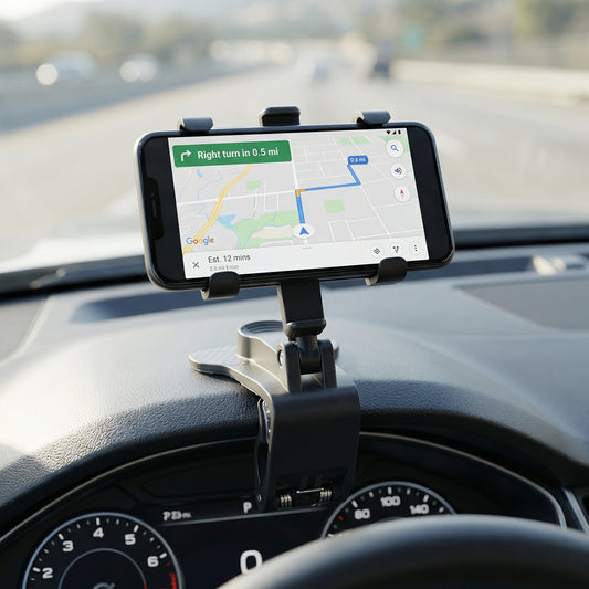 Car phone holder clipped to dashboard with 360 degree rotating head, view 2