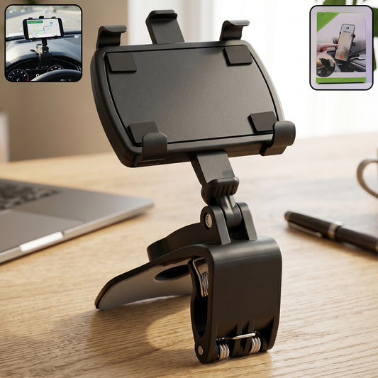 Car phone holder clipped to dashboard with 360 degree rotating head