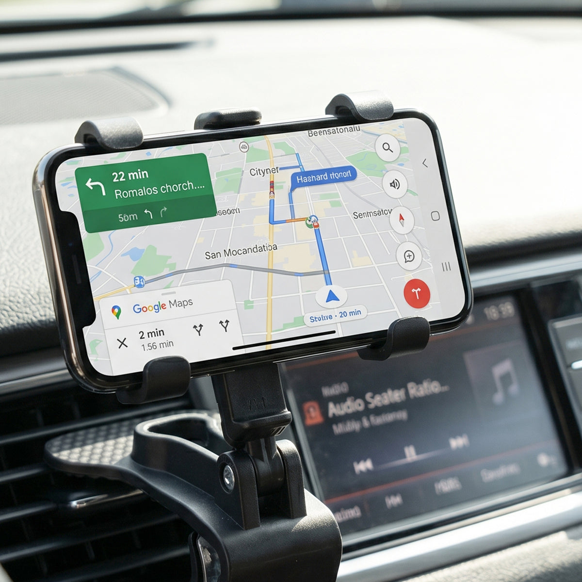 Car phone holder clipped to dashboard with 360 degree rotating head, view 5