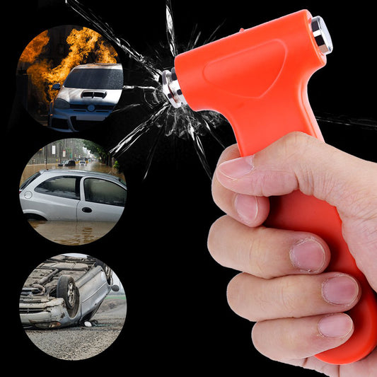 Red car safety hammer with steel heads and seat belt cutter
