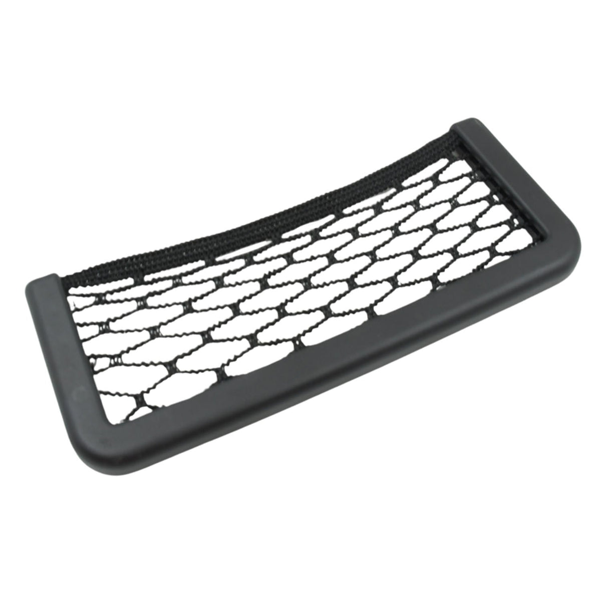 Stick-on mesh storage pocket holding a phone on a car seat side, view 6