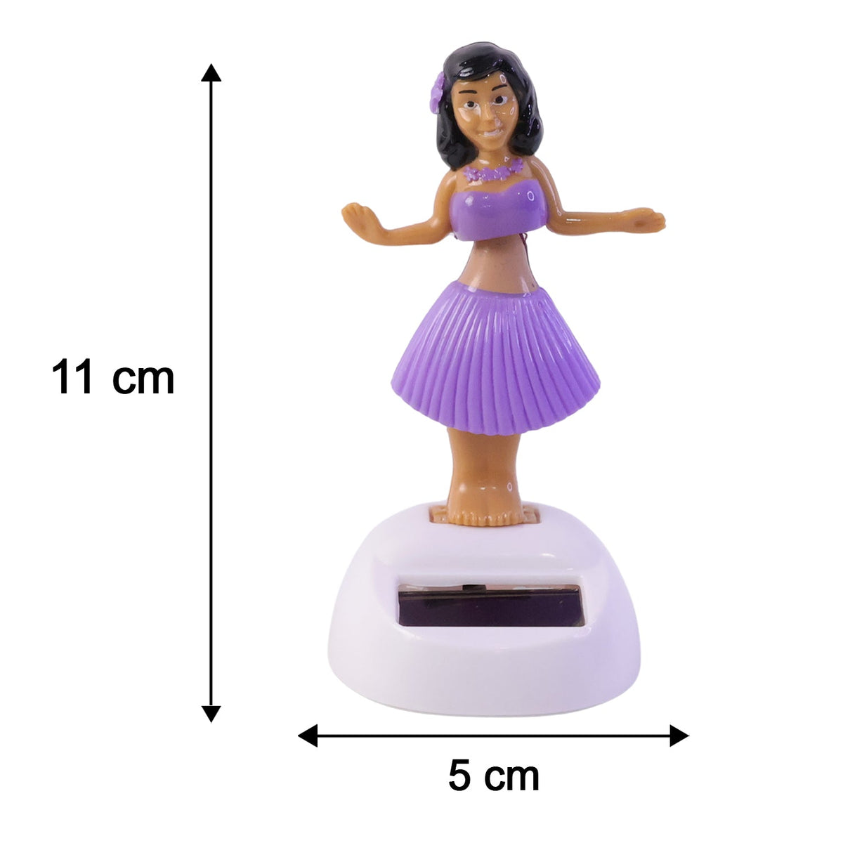 Solar powered dancing hula girl doll in purple dress on car dashboard, view 4
