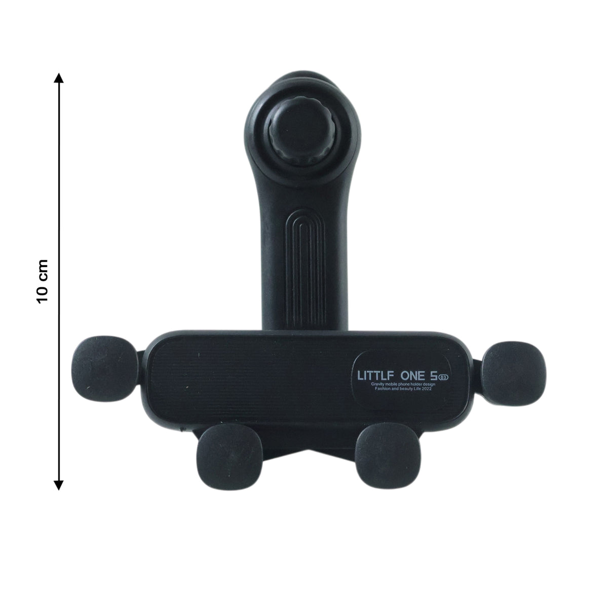 Car air vent phone holder with grip arms holding a smartphone, view 4