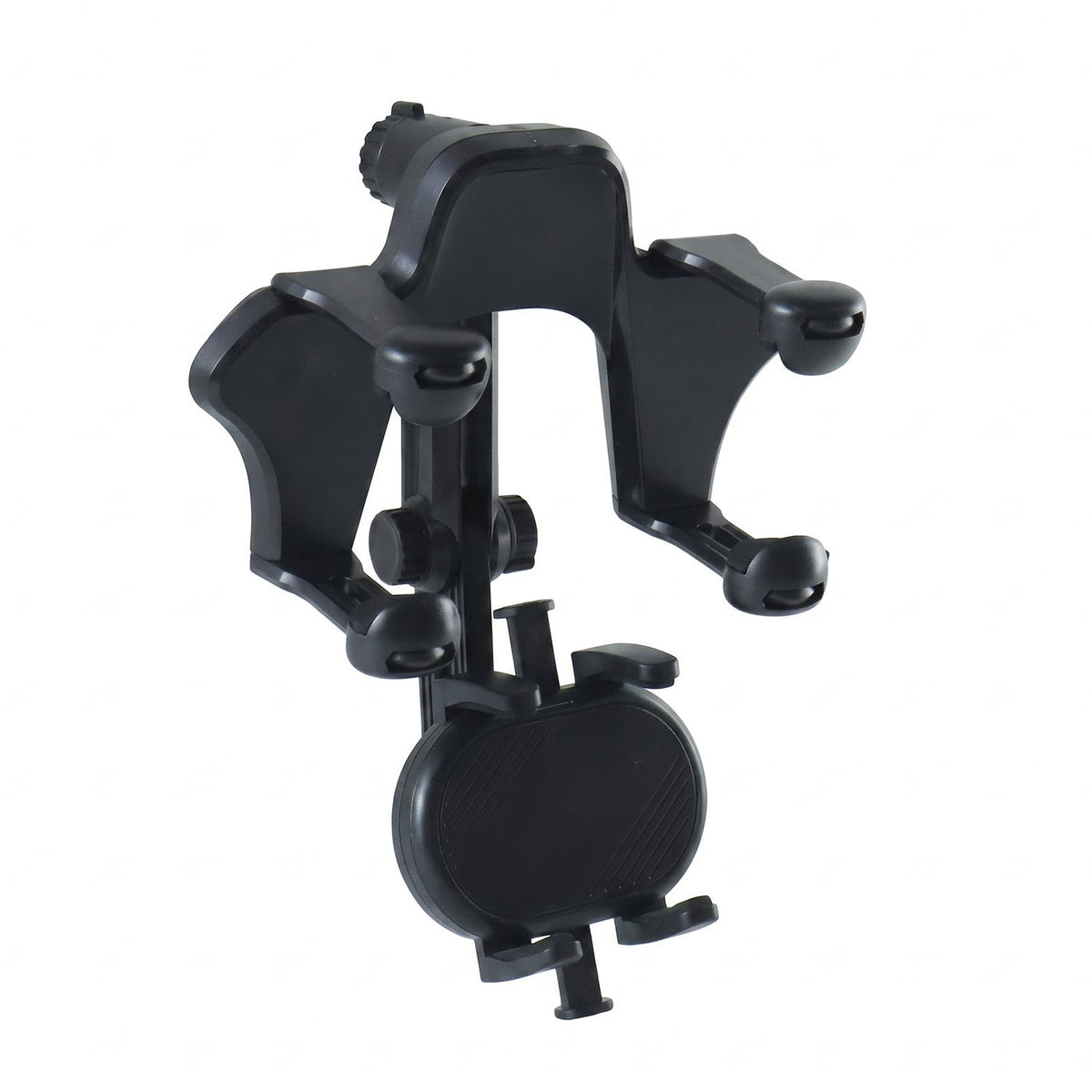 Car phone holder clamped to a rear view mirror holding a smartphone, view 4
