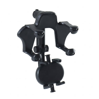 Car phone holder clamped to a rear view mirror holding a smartphone, view 4