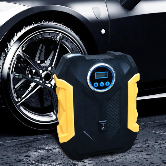 Portable 12V wheel-shaped car tyre air compressor with pressure gauge, view 2