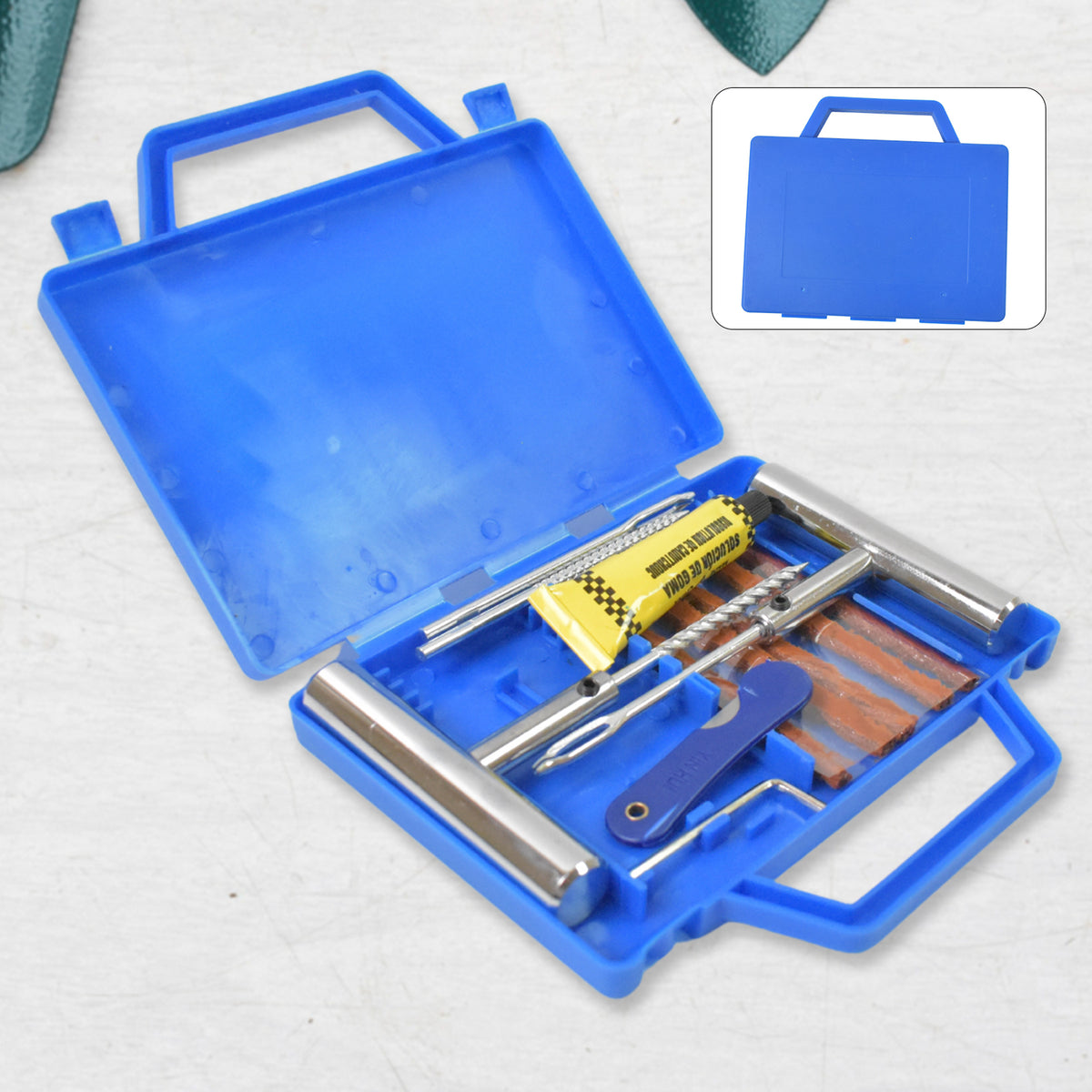 13-piece tubeless tyre puncture repair kit with rasp tool, needle and strings in a box
