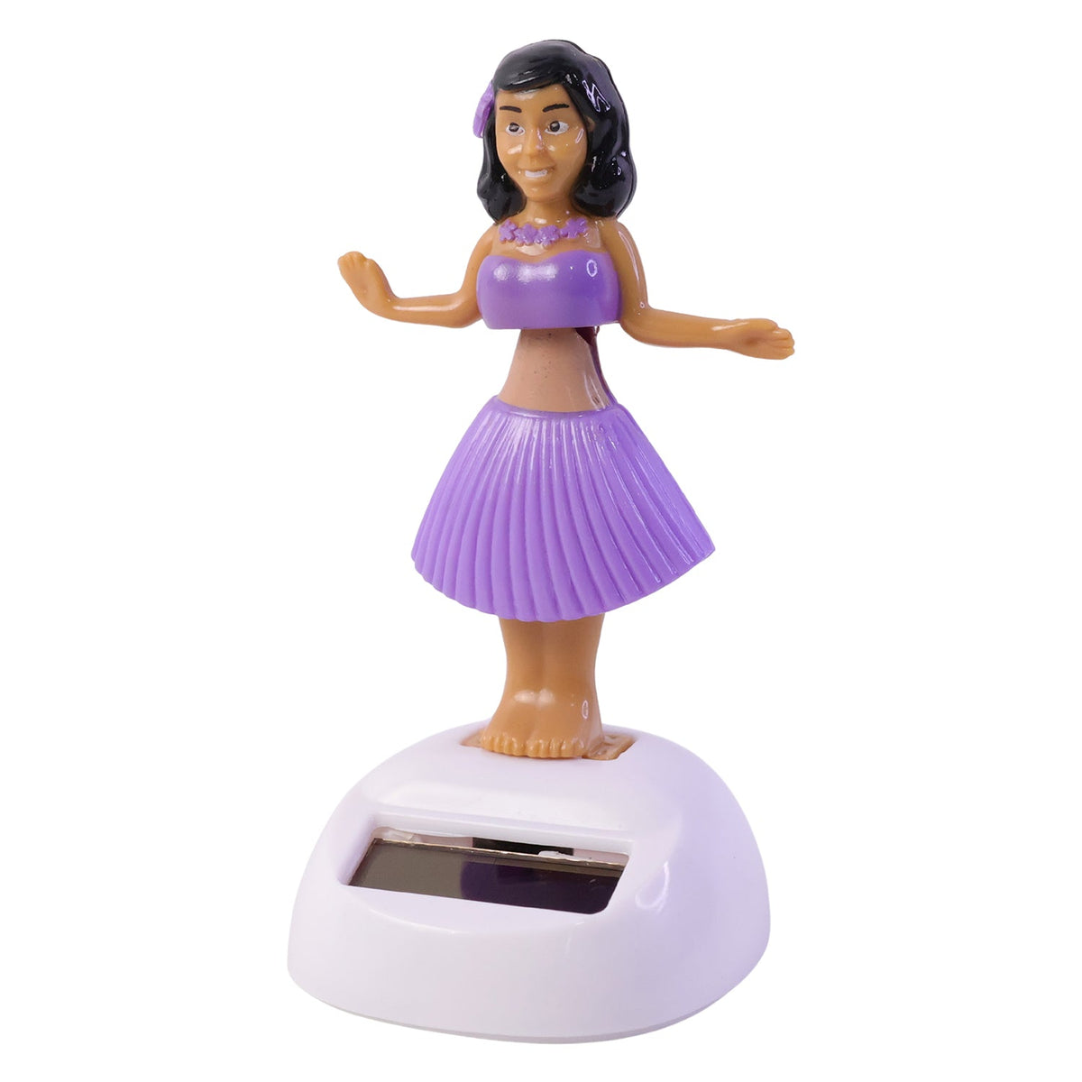 Solar powered dancing hula girl doll in purple dress on car dashboard, view 3