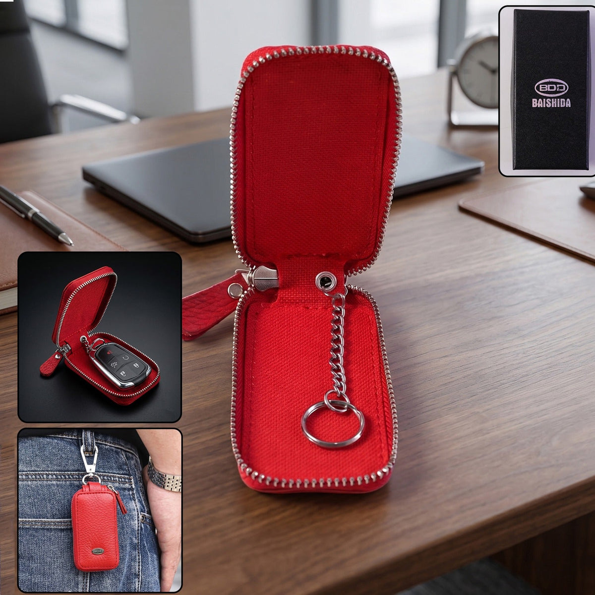 Red PU leather zip car key case with snap hook